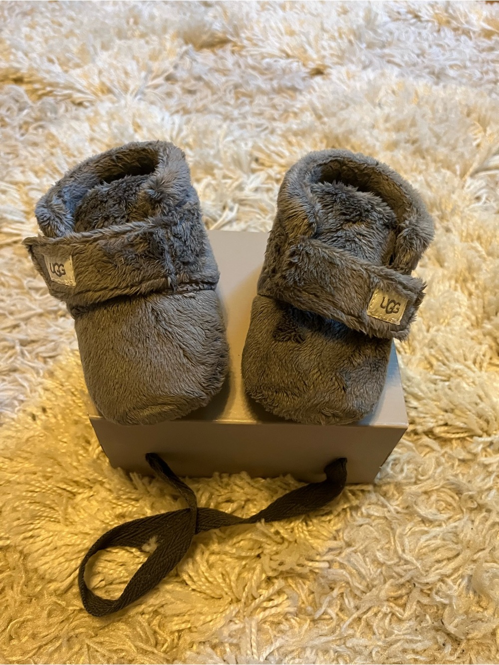 UGG Gray Plush Baby Booties with Hook-and-Loop Strap
